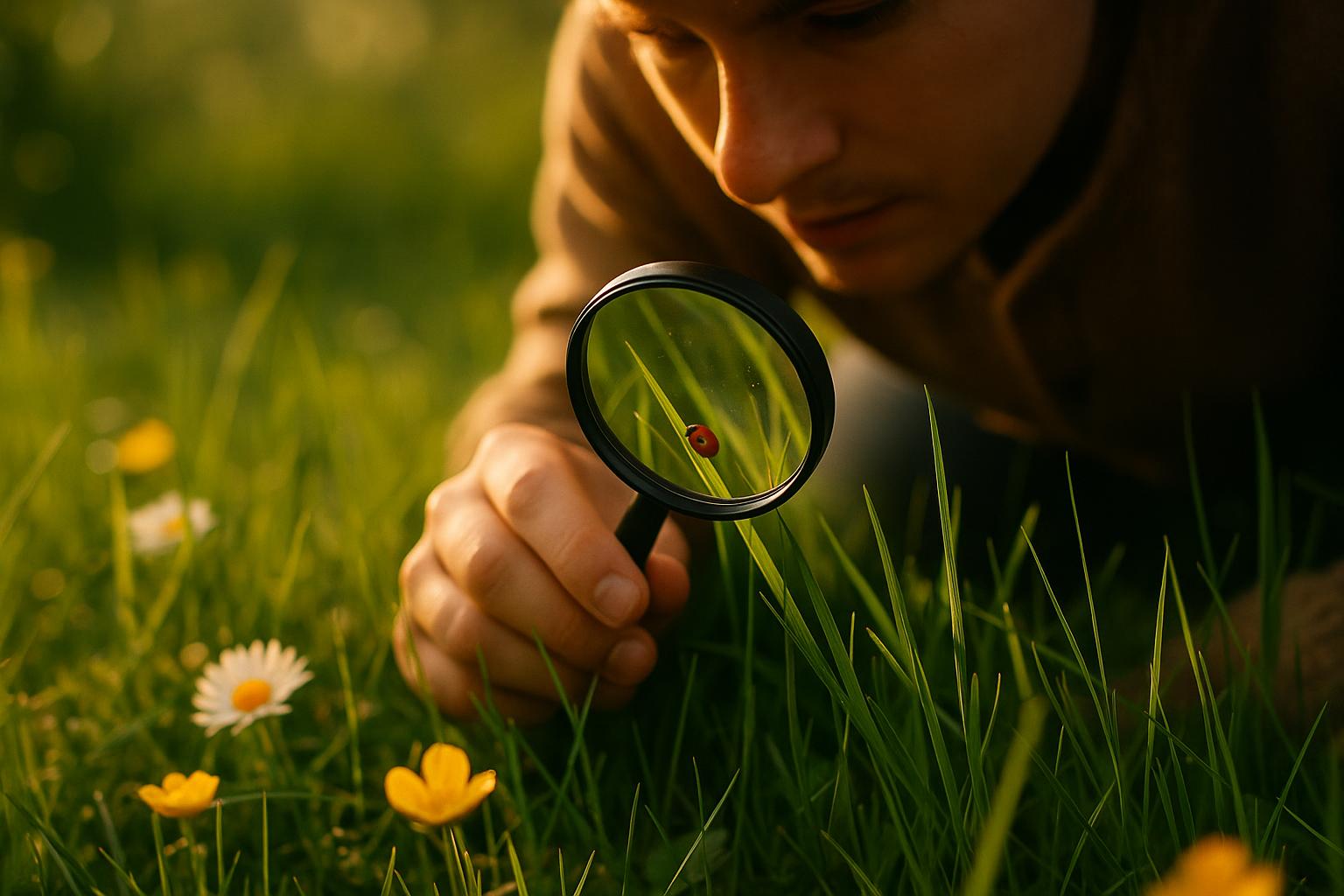 A person crouched low in the grass peering through a magnifying glass at a ladybug on a blade of grass, with wildflowers scattered in the foreground